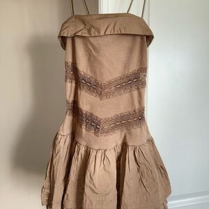 Tan Strapless Dress with Lace Accents
